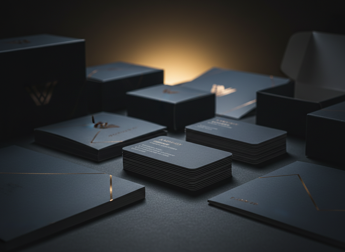 Cinematic dark moody photograph of premium print production — stacks of freshly printed business cards, brochures and packaging boxes on a dark surface with dramatic golden rim lighting, spot UV finishes catching light