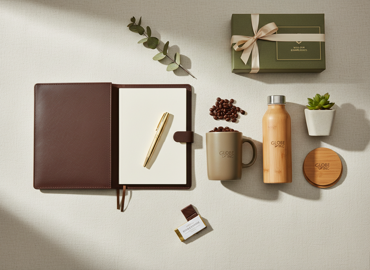 Elegant flat-lay of premium corporate gift hampers — leather portfolio, engraved pen, branded mug, bamboo eco products and a wrapped gift box on a clean light surface